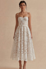 A Line White Corset Spaghetti Straps Lace Midi Engagement Dress