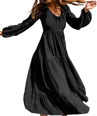 Women's Long Sleeve Maxi Tiered Flowy Dress, A-line V Neck Swing Beach Vacation Dress, High Waist Western Modest Long Dresses