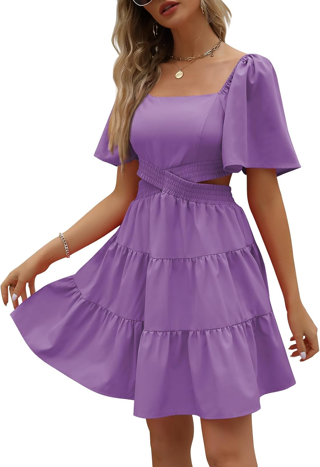 LILLUSORY Womens 2024 Summer Cutout Mini Dresses Short Sleeve Square Neck Crossover Waist Dress