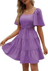 LILLUSORY Womens 2024 Summer Cutout Mini Dresses Short Sleeve Square Neck Crossover Waist Dress