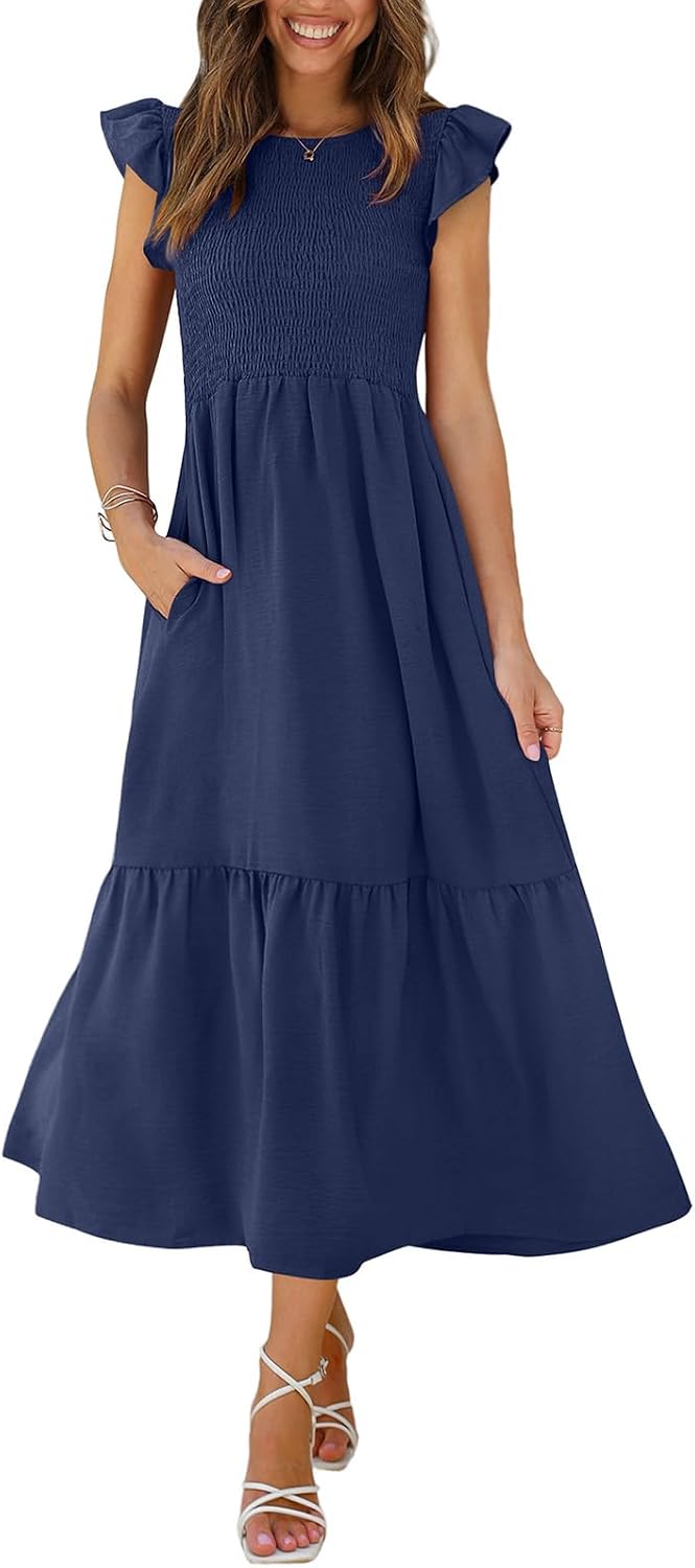 OFEEFAN Casual Dress Womens Maxi Dresses Tiered Dress Long Summer Dress Navy Blue XL