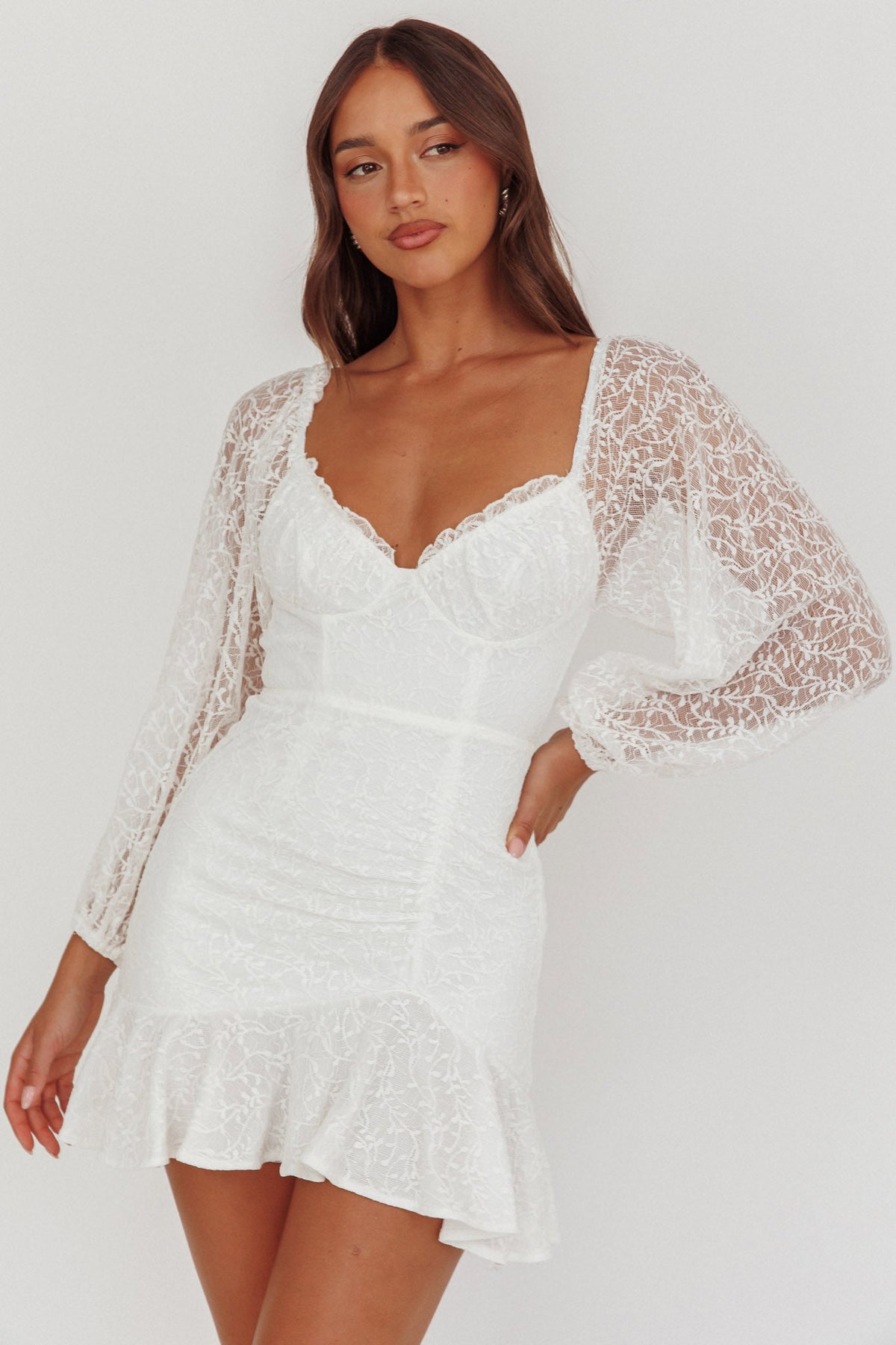 Halley Balloon Sleeve Frill Bust Flounce Hem Lace Dress White by Selfie Leslie