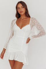 Halley Balloon Sleeve Frill Bust Flounce Hem Lace Dress White by Selfie Leslie