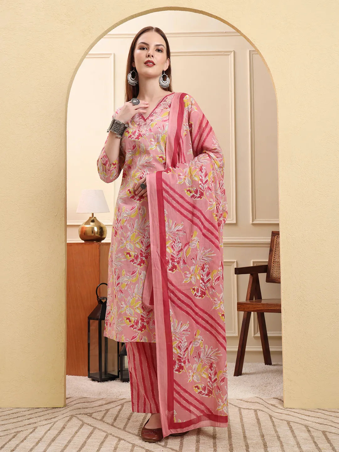 Women's Pink Cotton Pink Pure Cotton Floral Thread Work Straight Kurta Trouser Dupatta Set by Yufta, suitable for wholesale buyers, boutiques, retailers, resellers and bulk fashion orders from Trendphoria