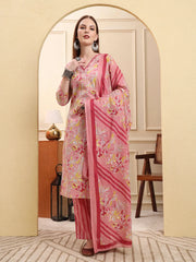 Women's Pink Cotton Pink Pure Cotton Floral Thread Work Straight Kurta Trouser Dupatta Set by Yufta, suitable for wholesale buyers, boutiques, retailers, resellers and bulk fashion orders from Trendphoria