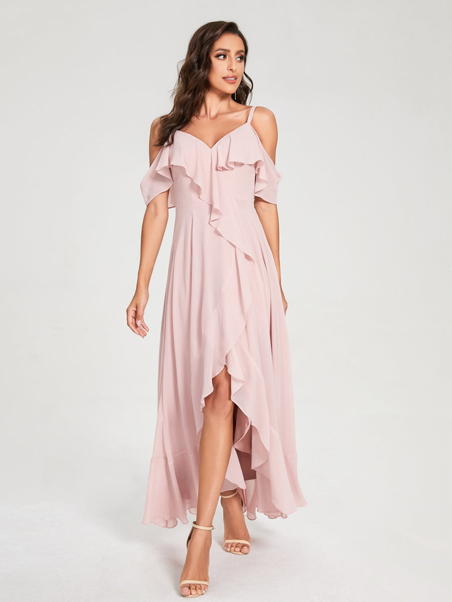 Forme Princesse Mousseline de soie Bretelles spaghetti Col V Manches courtes avec Volants Asymétrique Robes de demoiselle d'honneur