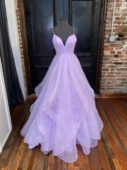 Simple purple v neck tulle long prom dress, purple evening dress