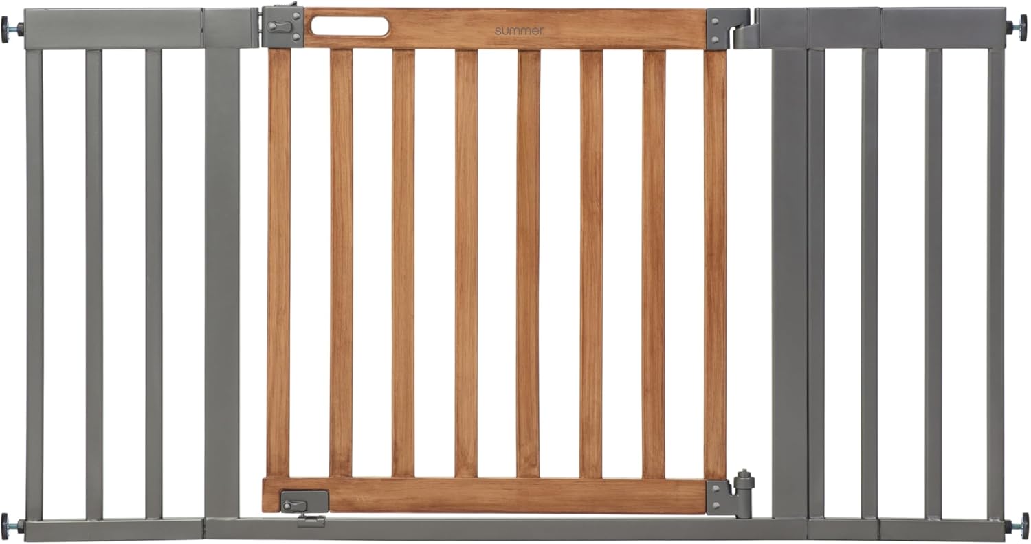Summer Infant West End Extra Wide Safety Pet and Baby Gate, 36"-60" Wide, 30" Tall, Pressure or Hardware Mounted, Install Wall to Wall in Doorway, Auto Close Walk-Thru Door - Oak Wood and Metal