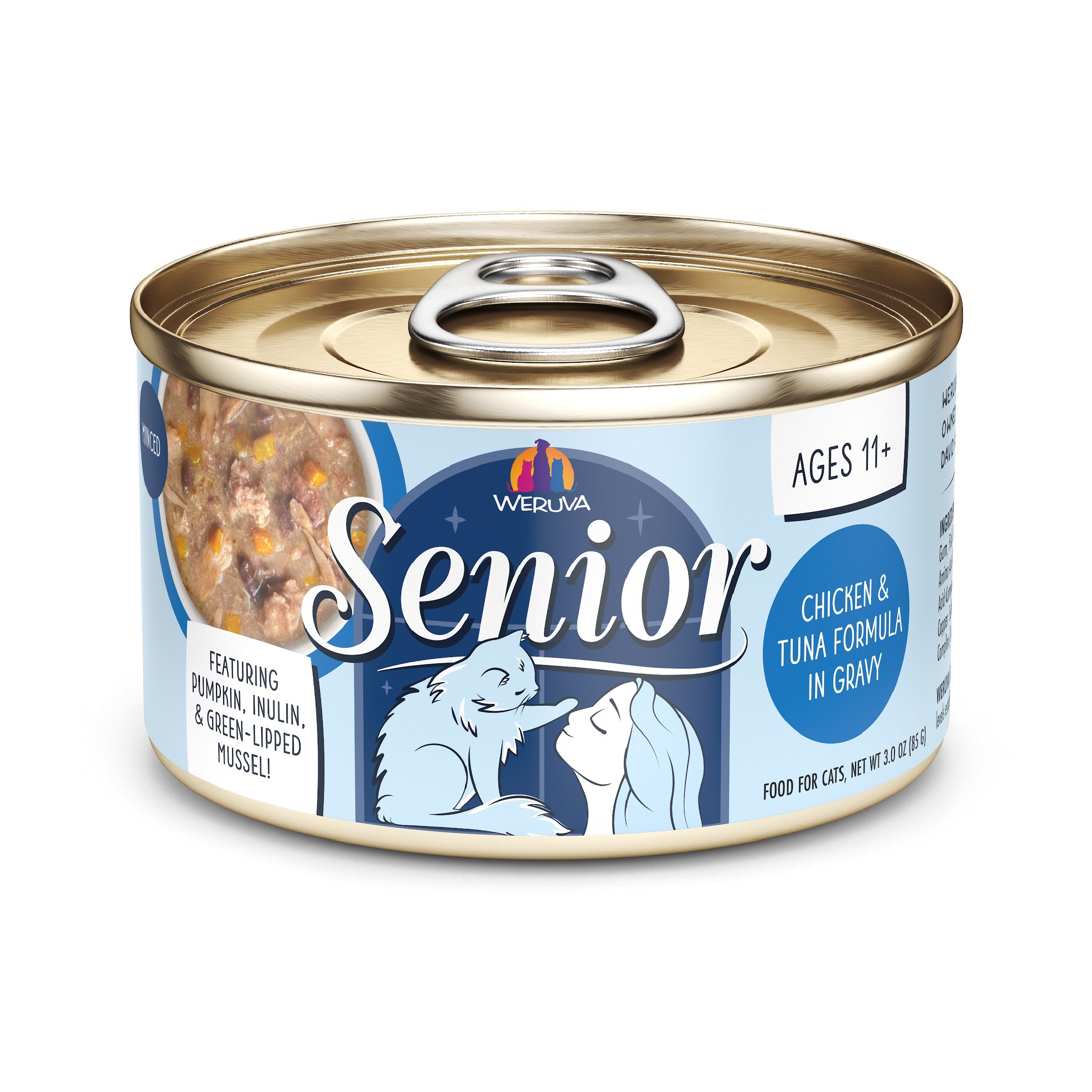A 3 oz (85 g) can of Weruva Chicken & Tuna Formula in Gravy for senior cats 11+, featuring a label with a cat and person illustration and visible ingredients, plus a partial food view.