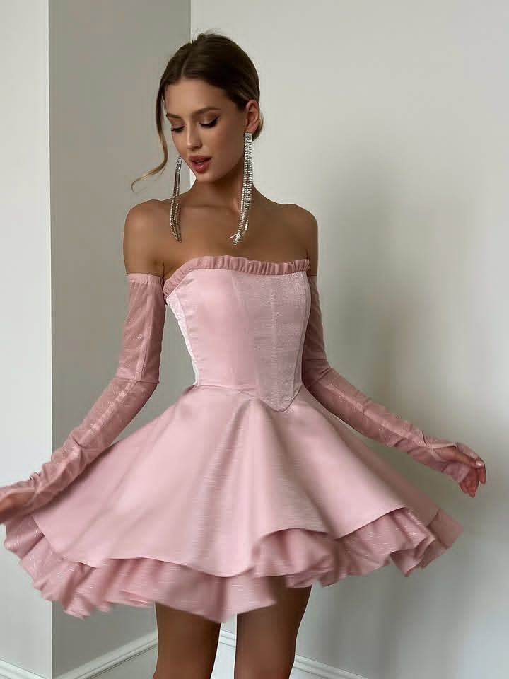 Princess Pink A Line Strapless Corset Satin Cocktail Dress Homecoming Dress SH6148