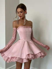 Princess Pink A Line Strapless Corset Satin Cocktail Dress Homecoming Dress SH6148