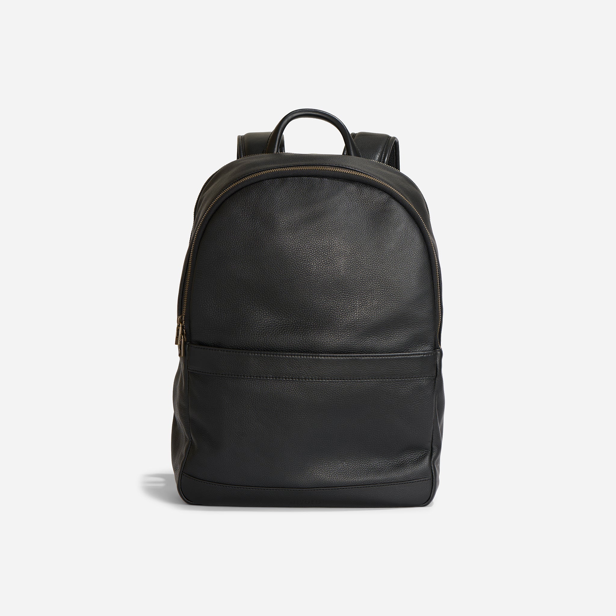 Black textured leather Alex Commuter Backpack with a top handle and front zippered pocket.