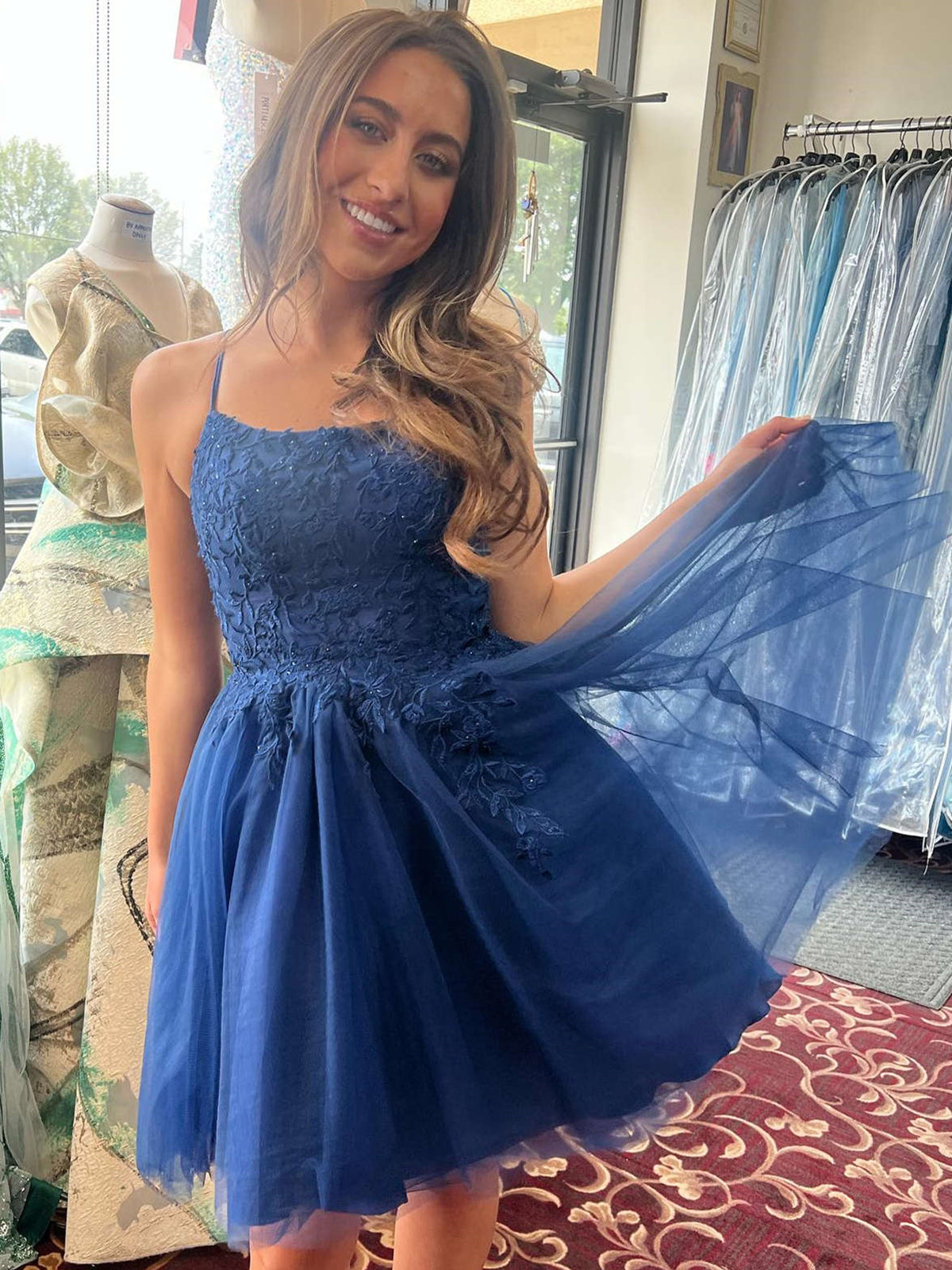 A Line Straps Short Navy Blue Lace Prom Dresses, Short Dark Blue Formal Homecoming Dresses