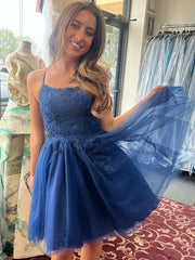 A Line Straps Short Navy Blue Lace Prom Dresses, Short Dark Blue Formal Homecoming Dresses