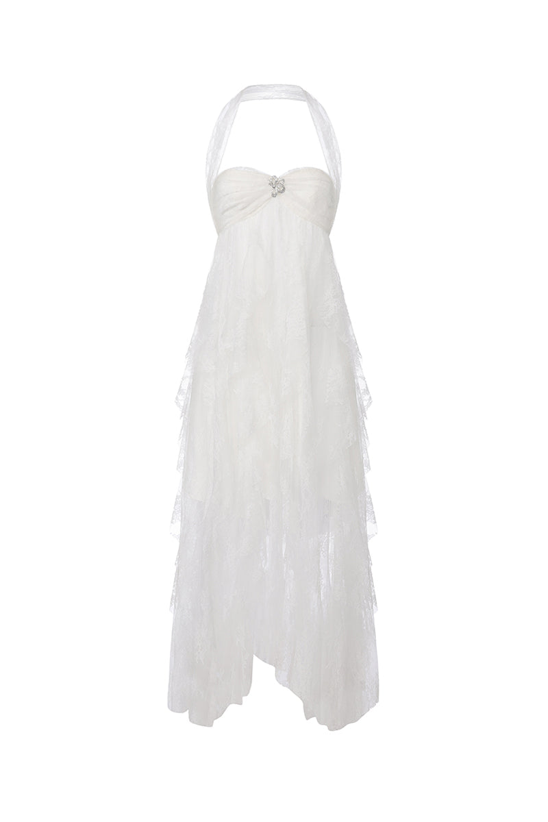 White Aurora lace maxi dress by Nana Jacqueline featuring a halter neckline and intricate lace detailing.