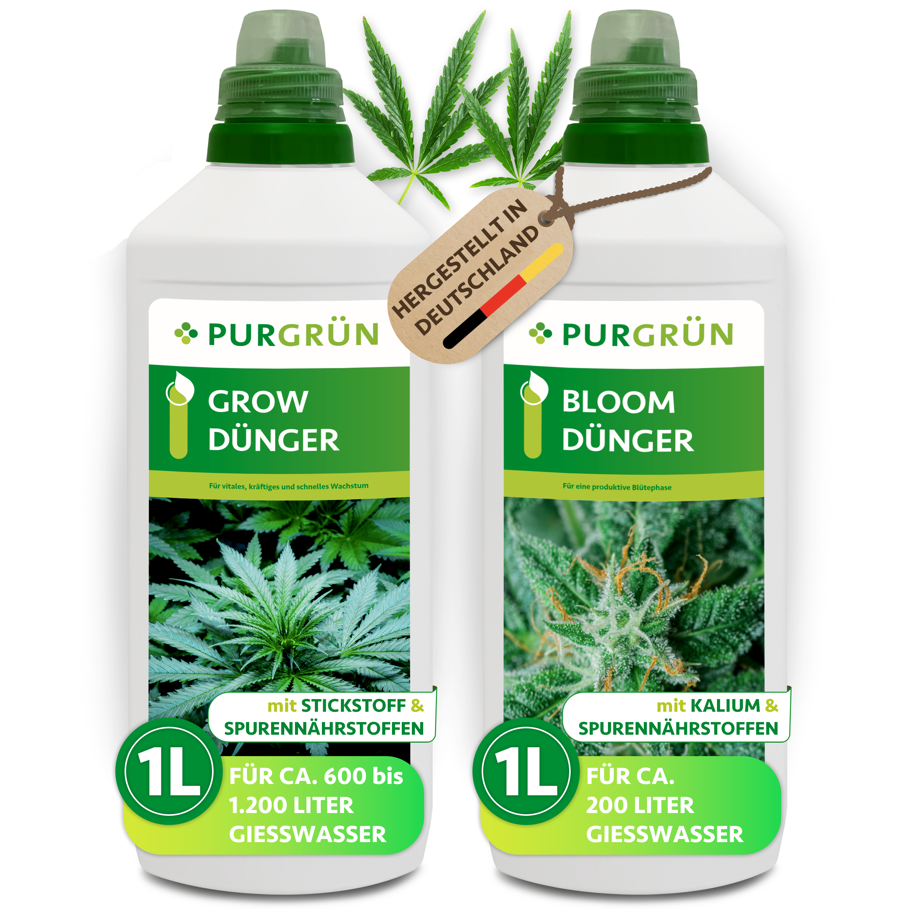 Zwei 1-Liter-Flaschen Purgrün Cannabis-Dünger-Set 2 x 1 Liter für Wachstum (links) und Blüte (rechts), jeweils mit einem Cannabisblatt-Bild, stehen unter einem „Made in Germany“-Schild.
