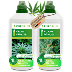 Zwei 1-Liter-Flaschen Purgrün Cannabis-Dünger-Set 2 x 1 Liter für Wachstum (links) und Blüte (rechts), jeweils mit einem Cannabisblatt-Bild, stehen unter einem „Made in Germany“-Schild.