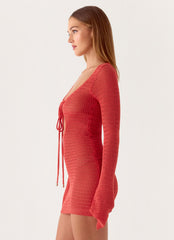 Charis Long Sleeve Crochet Mini Dress - Cherry
