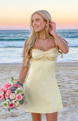 Beginning Boutique Connie Yellow Flower Detail Satin Party Mini Dress yellow satin mini dress with ruched bust and flower tri