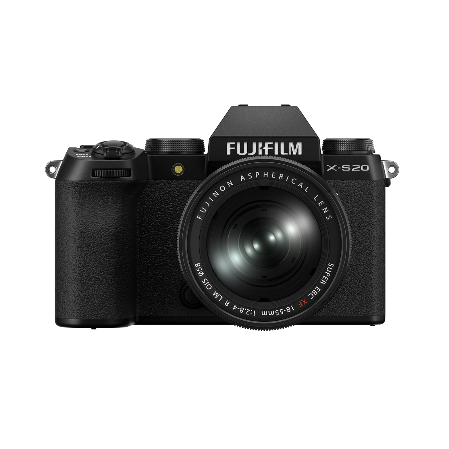 Black Fujifilm camera on a white background