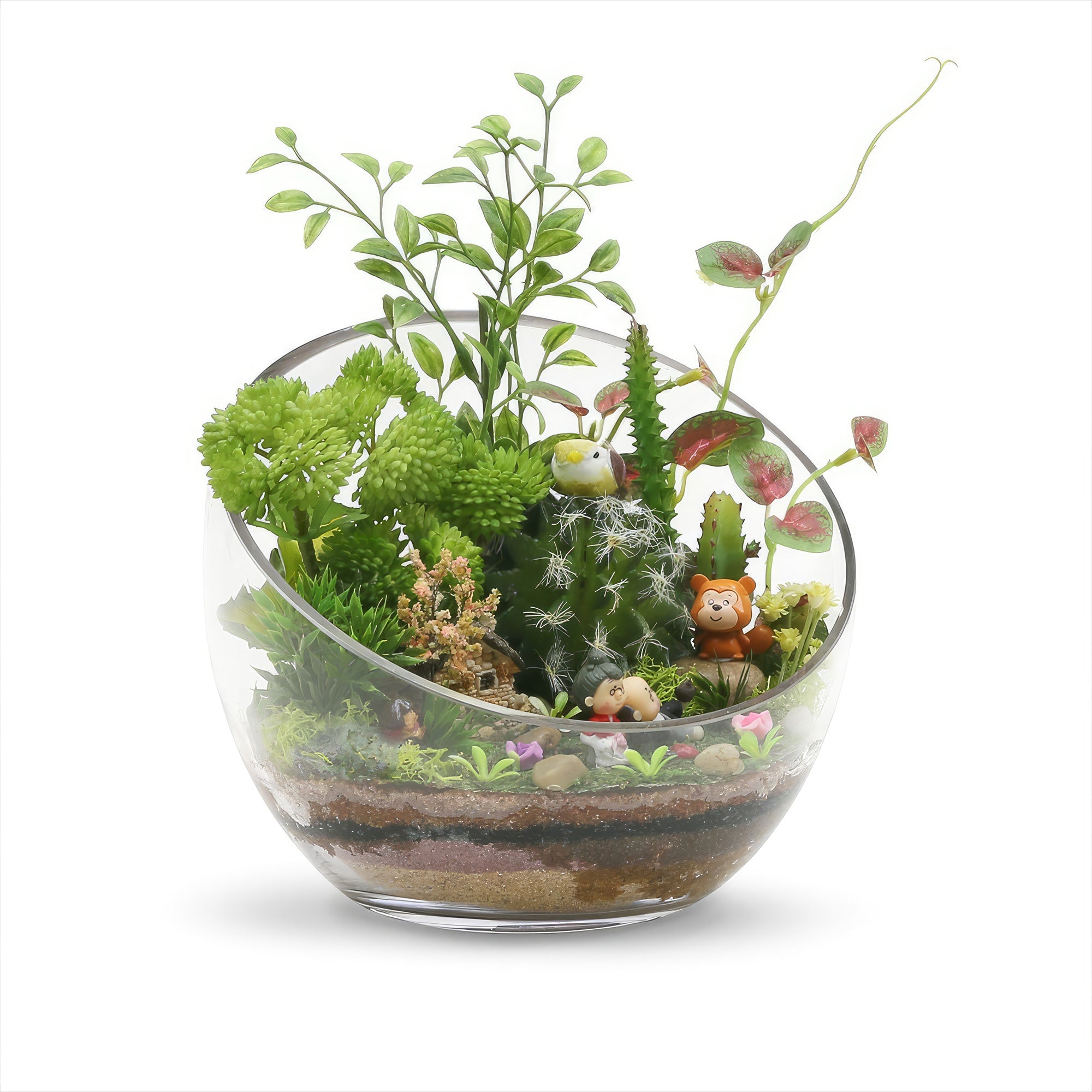 Decorative Half Moon Glass Bowl with layered soil, assorted succulents, cacti, and tiger and bunny figurines in a mini garden display.