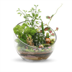 Decorative Half Moon Glass Bowl with layered soil, assorted succulents, cacti, and tiger and bunny figurines in a mini garden display.