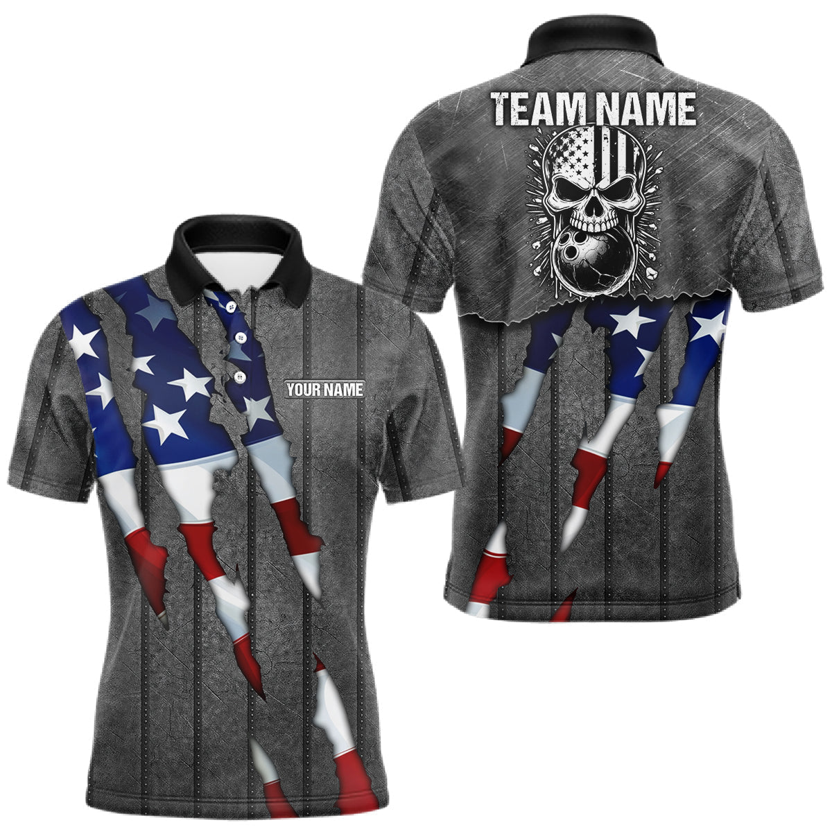 Maxcorners American Flag metal pattern Skull Bowling Shirts For Men Custom patriotic Bowling Team Jerseys