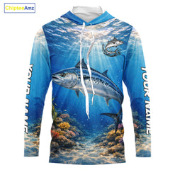 Personalized Offshore Fishing Jerseys, King Mackerel Fishing Shirts Long Sleeve Hooded For Men NHT823