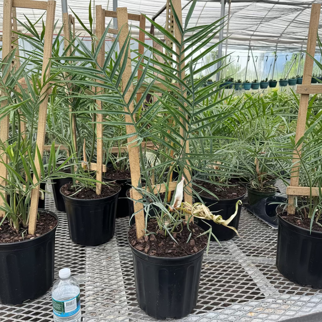 Front view of Philodendron Tortum in nursery pot showcasing long deeply lobed, fern-like corkscrew leaves on greenhouse bench
