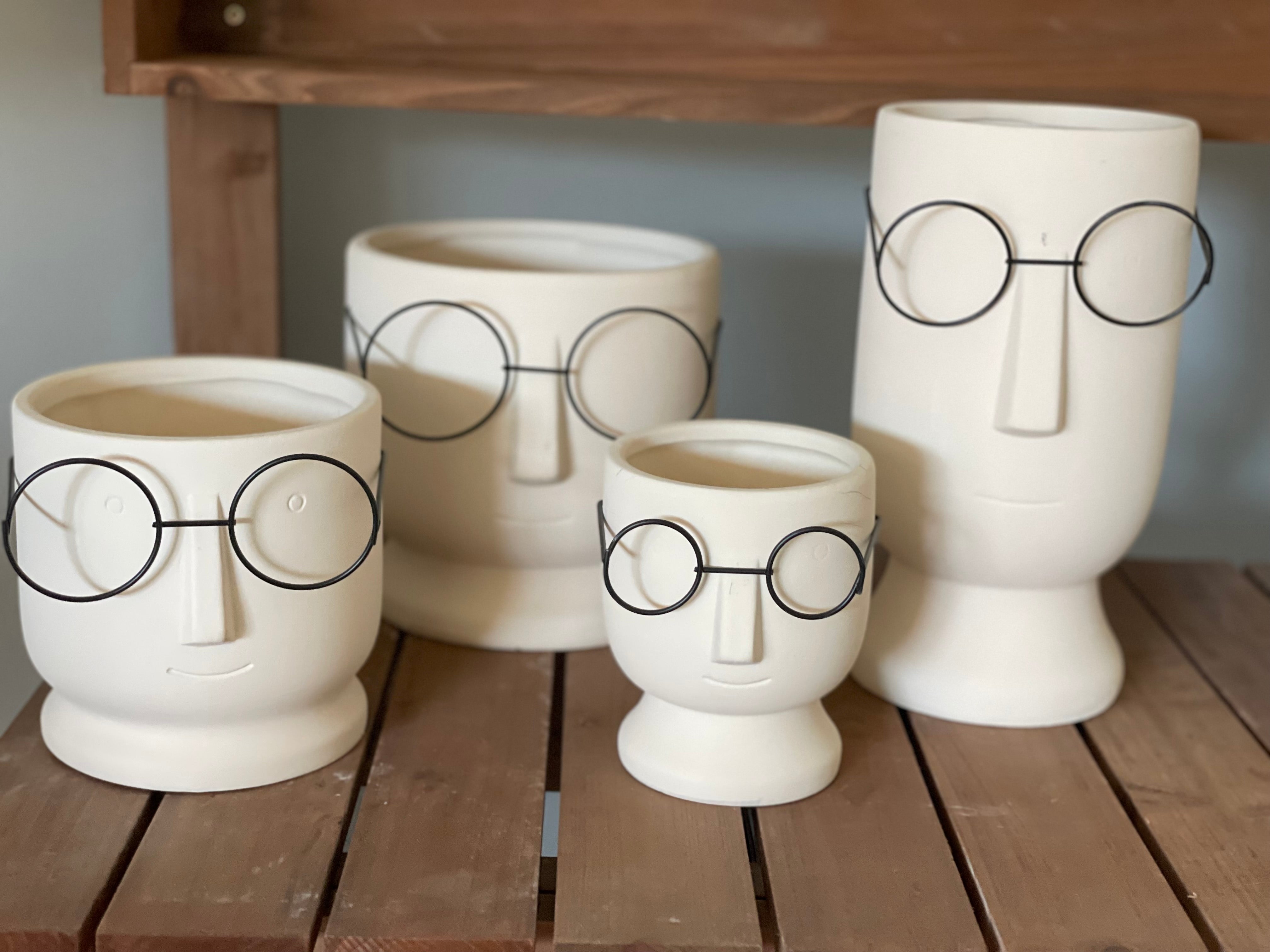 Cream Ceramic Face Planter with glasses