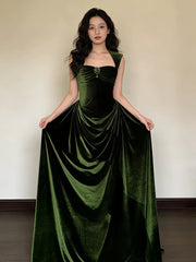 Vintage A Line Strapless Green Velvet With Ruffles For High Schools Teens Prom Dresses Long Graduation Dress N1671