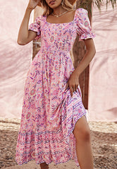 Square Neck Floral Print Midi Dress