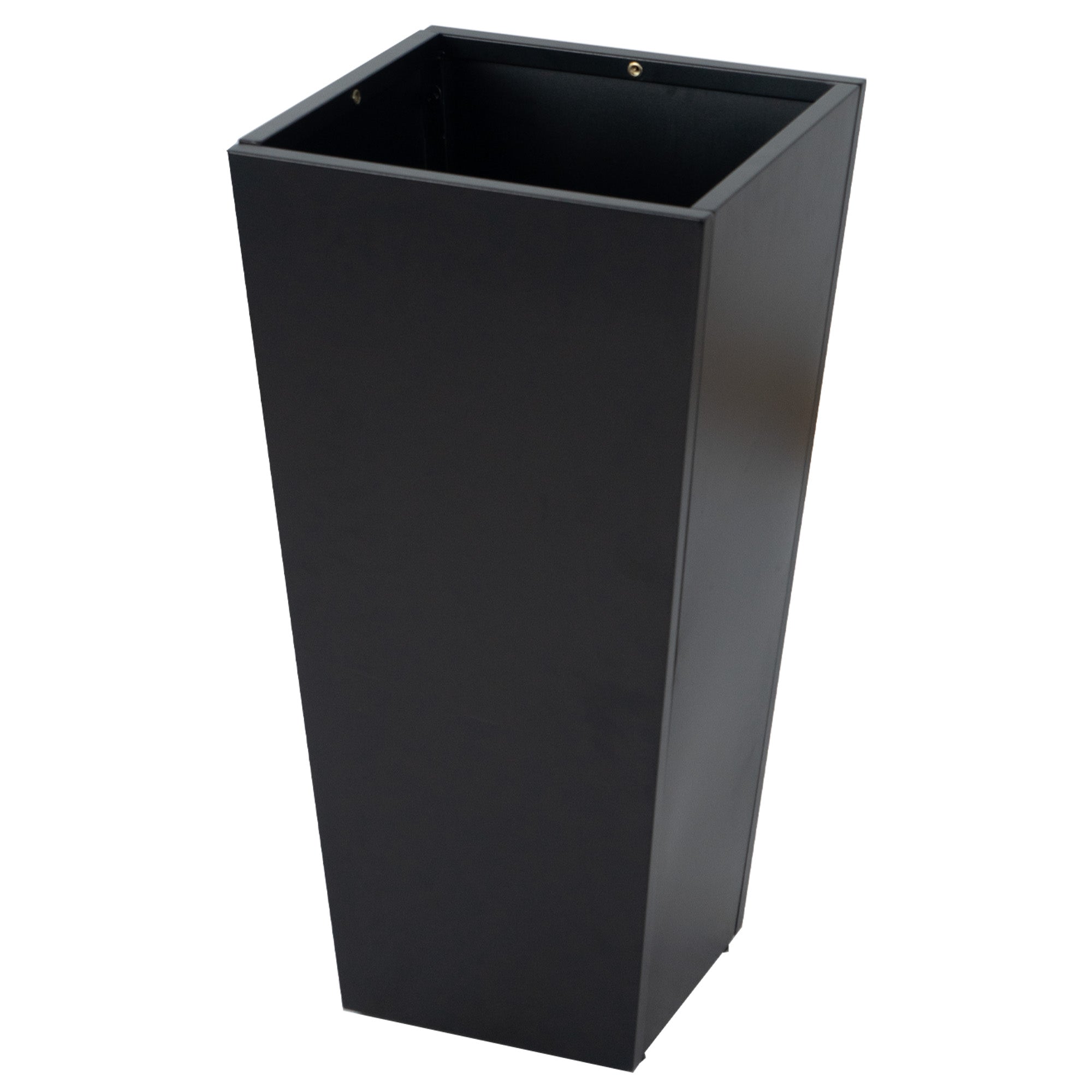 A tall, black metal taper planter, ideal for both indoor and outdoor use. Its sleek design makes it a great choice for showcasing flowers or plants, adding an elegant touch to any space. Tall Taper Black Metal Planter for Indoor and Outdoor Use. Tall taper planter, black metal, indoor - outdoor planters, flower plant pot