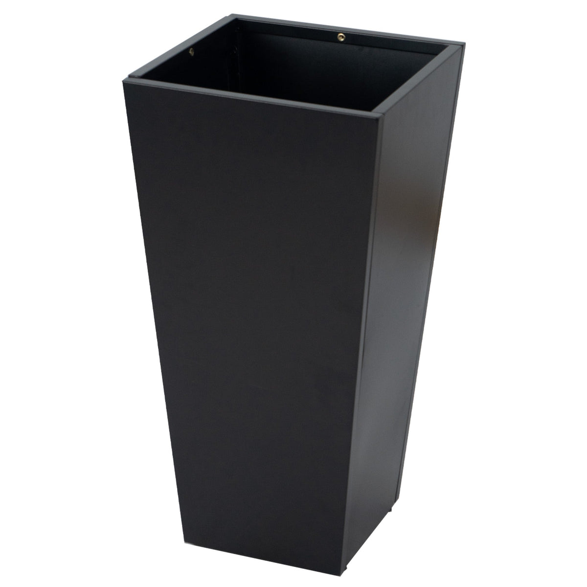 A tall, black metal taper planter, ideal for both indoor and outdoor use. Its sleek design makes it a great choice for showcasing flowers or plants, adding an elegant touch to any space. Tall Taper Black Metal Planter for Indoor and Outdoor Use. Tall taper planter, black metal, indoor - outdoor planters, flower plant pot