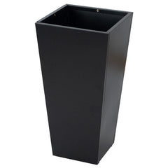 A tall, black metal taper planter, ideal for both indoor and outdoor use. Its sleek design makes it a great choice for showcasing flowers or plants, adding an elegant touch to any space. Tall Taper Black Metal Planter for Indoor and Outdoor Use. Tall taper planter, black metal, indoor - outdoor planters, flower plant pot