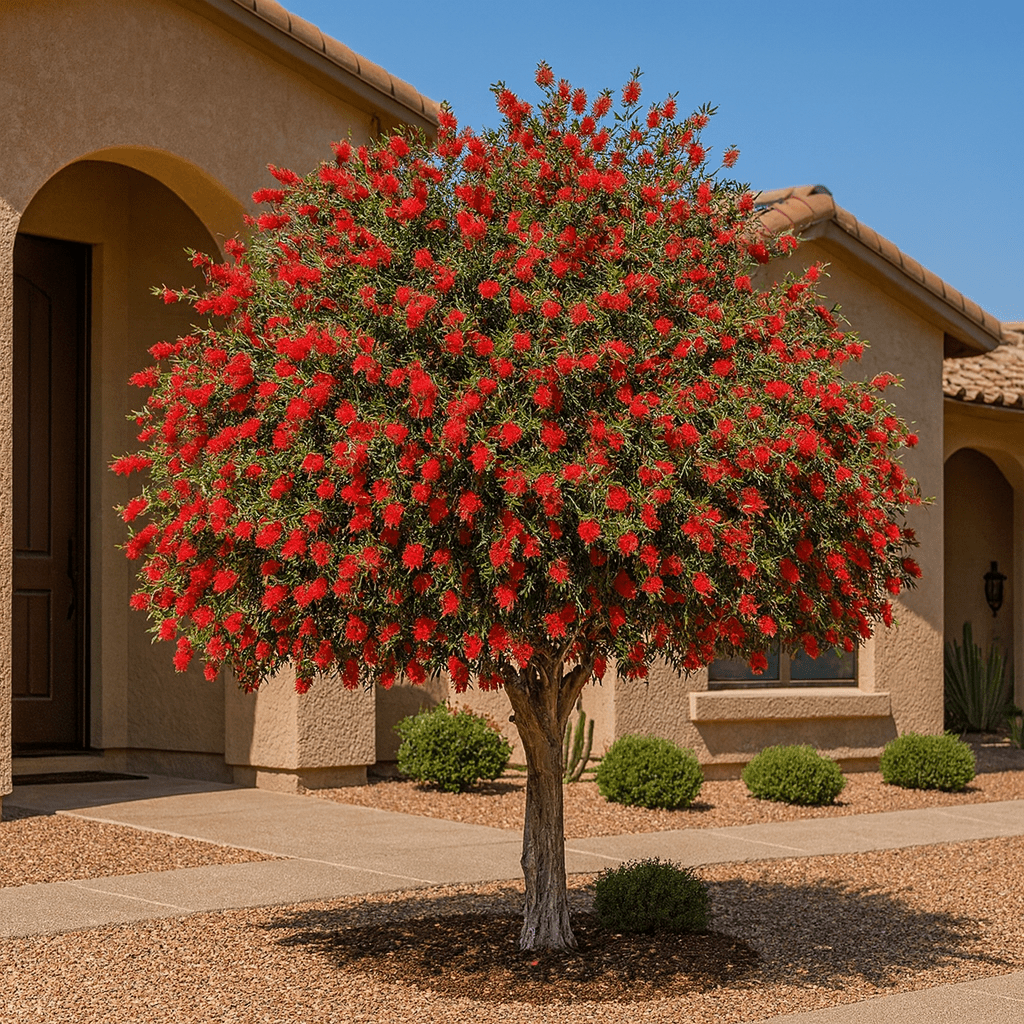 Lemon Bottle Brush Tree (Callistemon citrinus) covered in crimson-red brush-like blooms in desert front yard — Phoenix, AZ