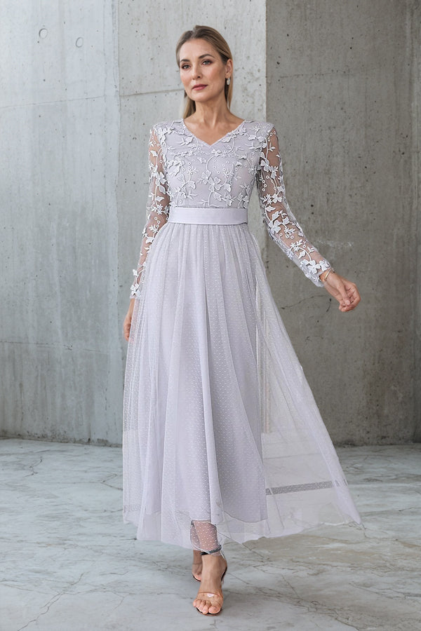 Long Sleeve Lace Silver Tea Length Mother of the Bride Dress-Pgmdress
