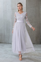Long Sleeve Lace Silver Tea Length Mother of the Bride Dress-Pgmdress