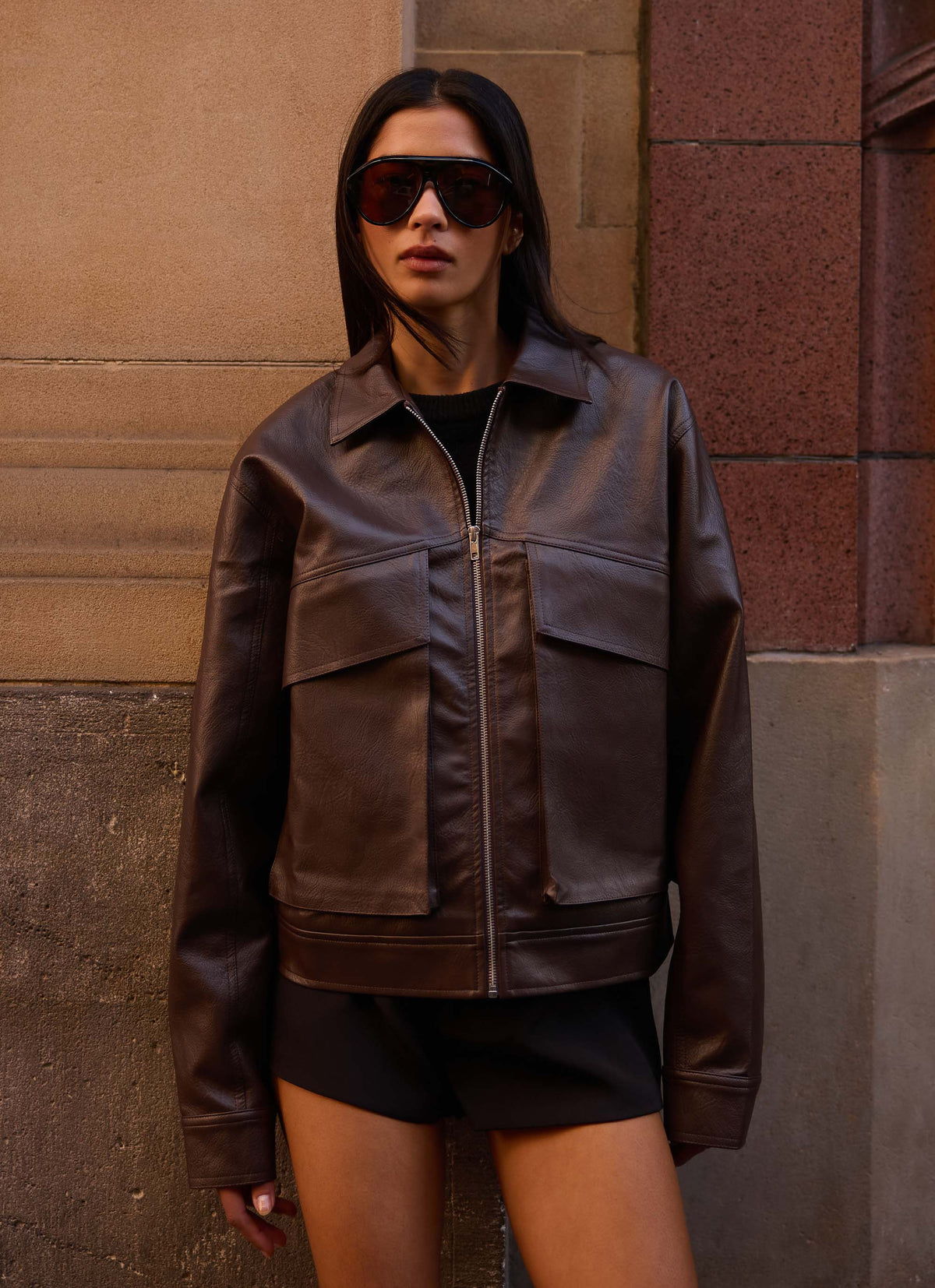 Lula Faux Leather Bomber Jacket - Chocolate