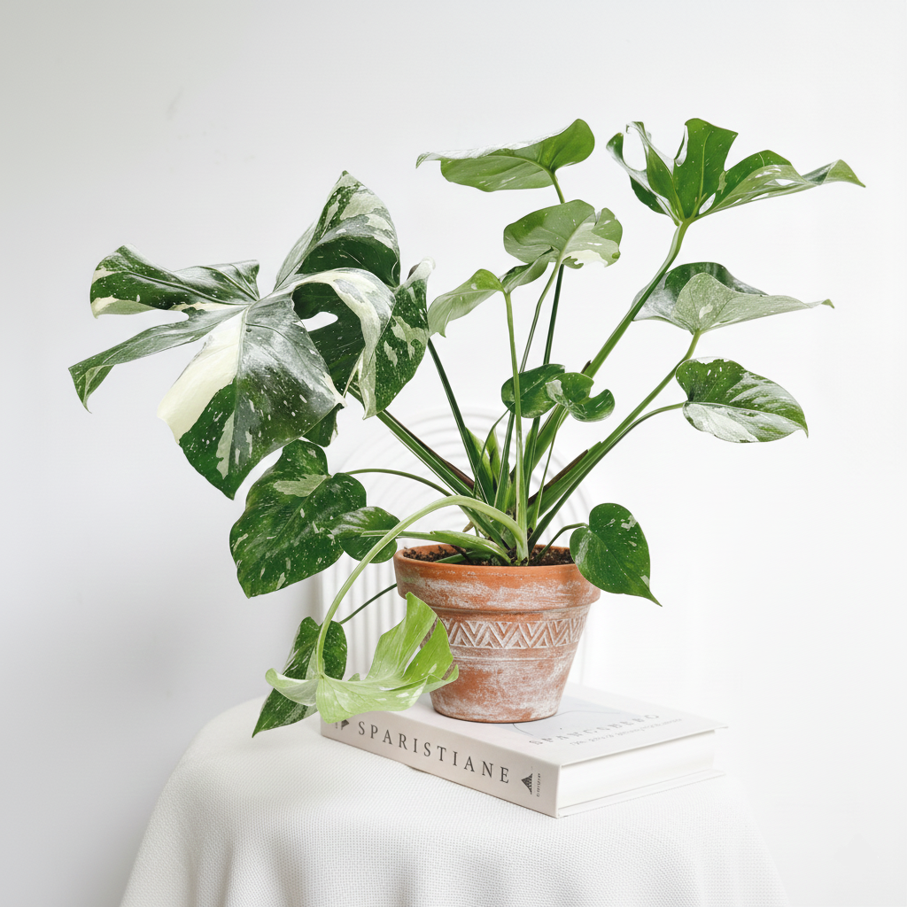 buy monstera 'thai constellation' live houseplant 2" pot online, creamy-white speckled variegation on deep green fenestrated leaves, slow-growing upright vining tropical aroid, stable constellation-like leaf pattern, bright indirect light care, perfect celestial statement plant, an exotic collector gift for plant lovers