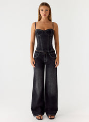 Nathan Denim Corset Top - Washed Black