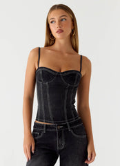Nathan Denim Corset Top - Washed Black