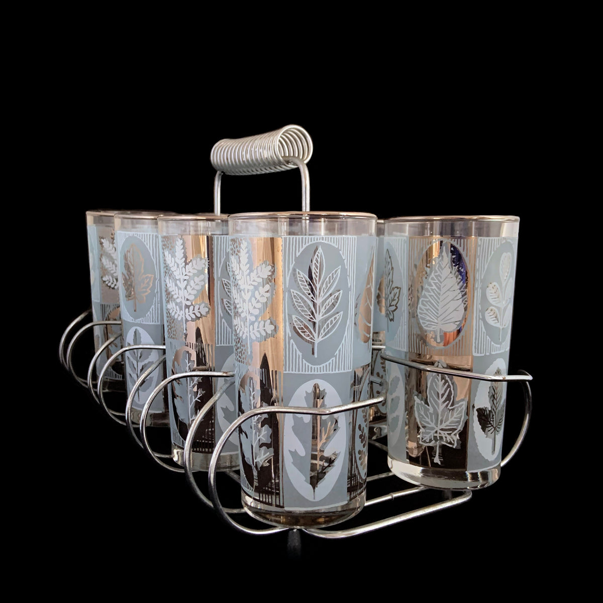 Set of eight 1950s-70s Libbey Riviera highball glasses in chrome caddy with spiral handle