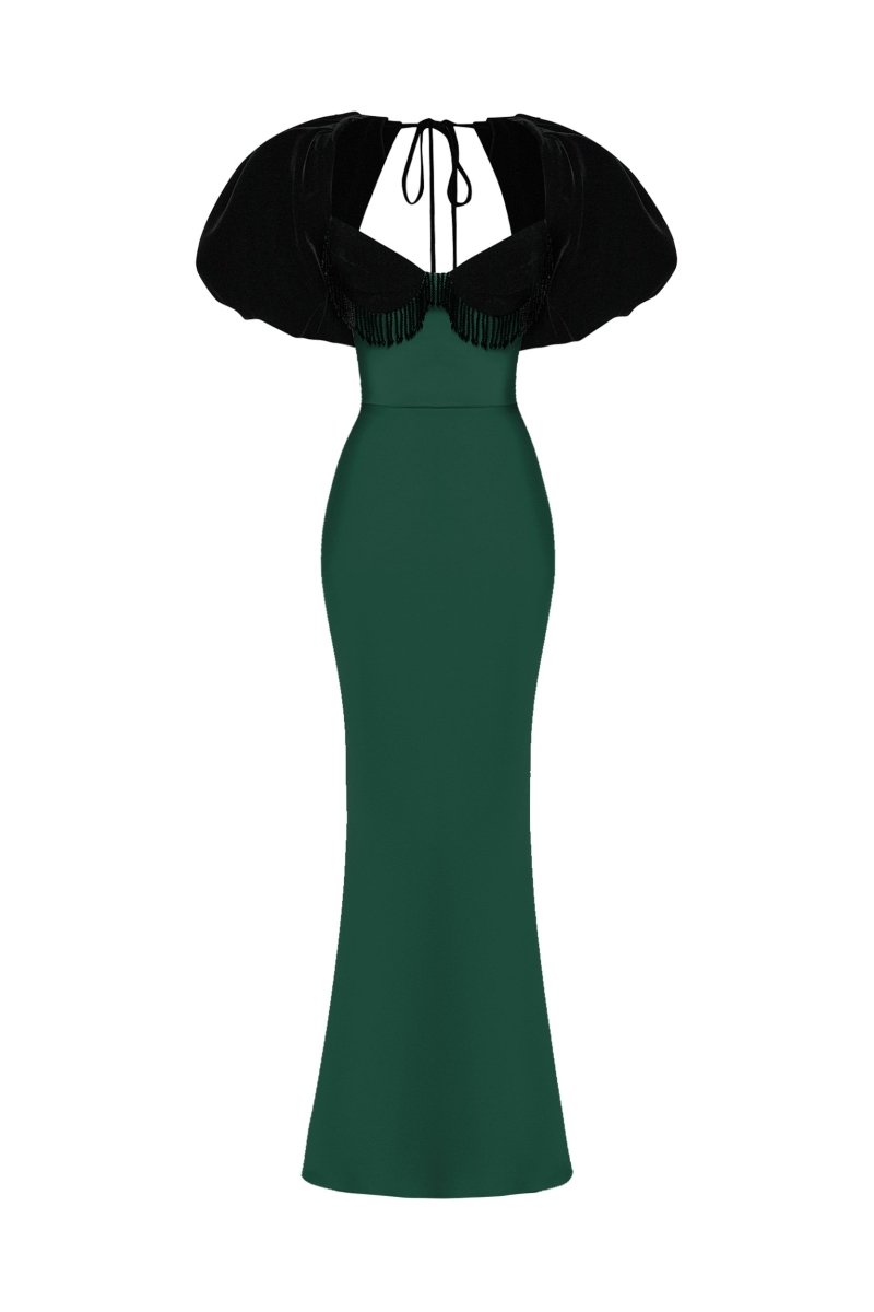 Satin and velvet fringed maxi dress with voluminous sleeves – Rasario