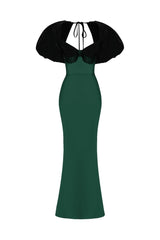 Satin and velvet fringed maxi dress with voluminous sleeves – Rasario