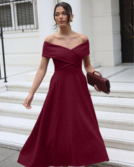 Belina Dress Wine – women's off-shoulder maxi high-low dress by Twosisters The Label, front view