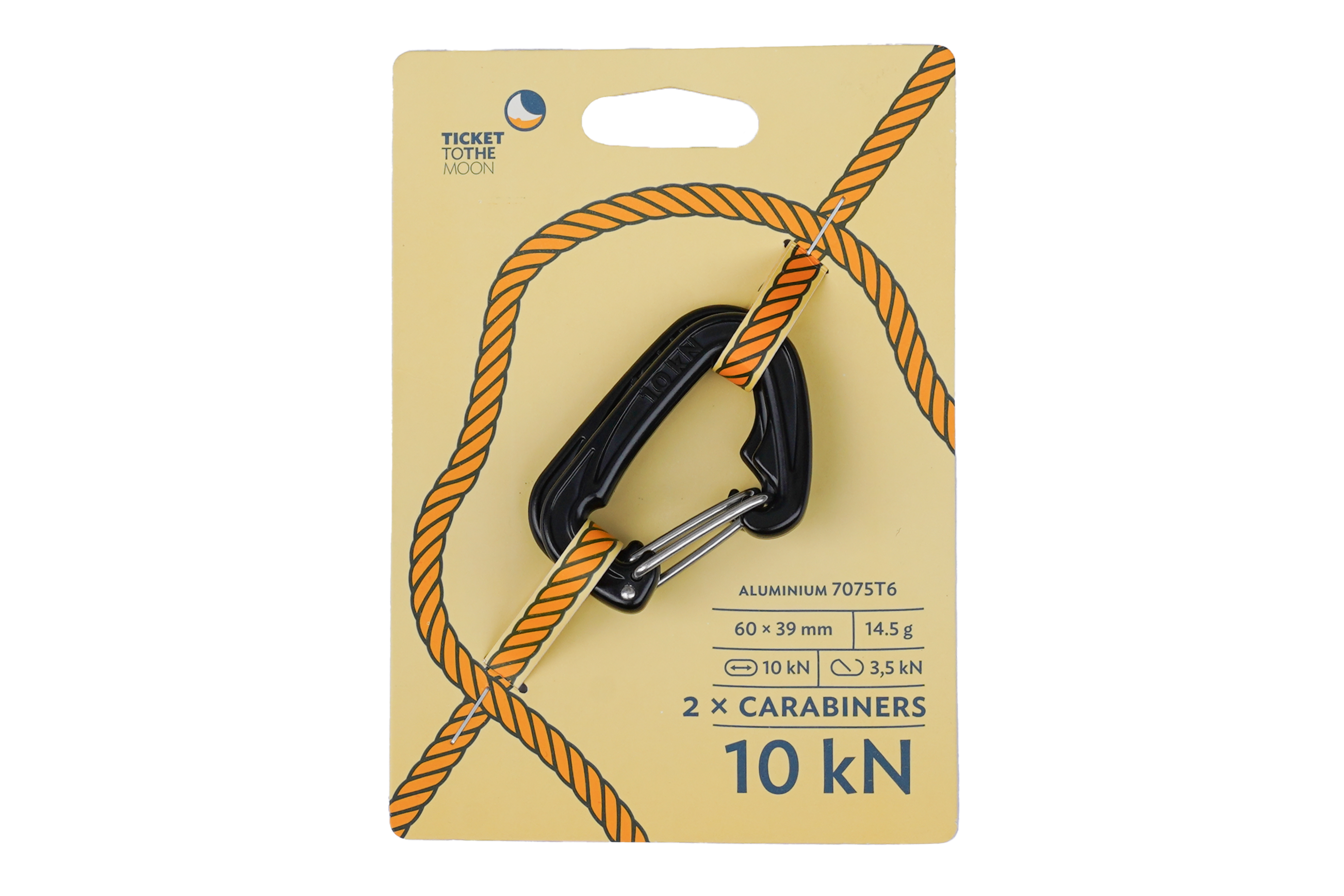 Zwei kleine schwarze Ticket to the Moon Hängematten-Karabiner 10 kN aus Aluminium auf ihrer gelben Originalverpackung