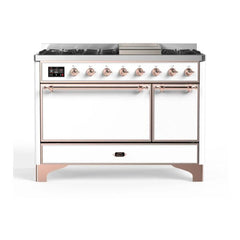 ILVE Majestic II 48" Dual Fuel Freestanding Range in White with Copper Trim, UM12FDQNS3WHPLP