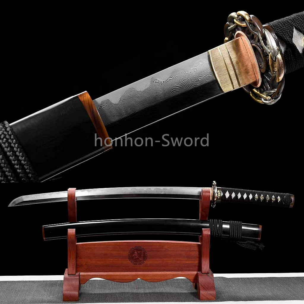 Japanese Wakizashi Abrasive Folded Clay Tempered OX Horn Brass Sword Full Tang