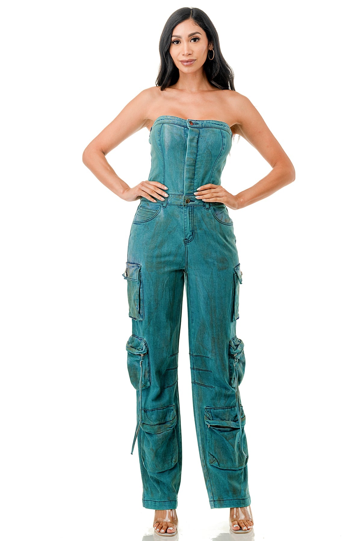 Strapless Tube Top Side Pockets Cargo Washed Denim Jumpsuit
